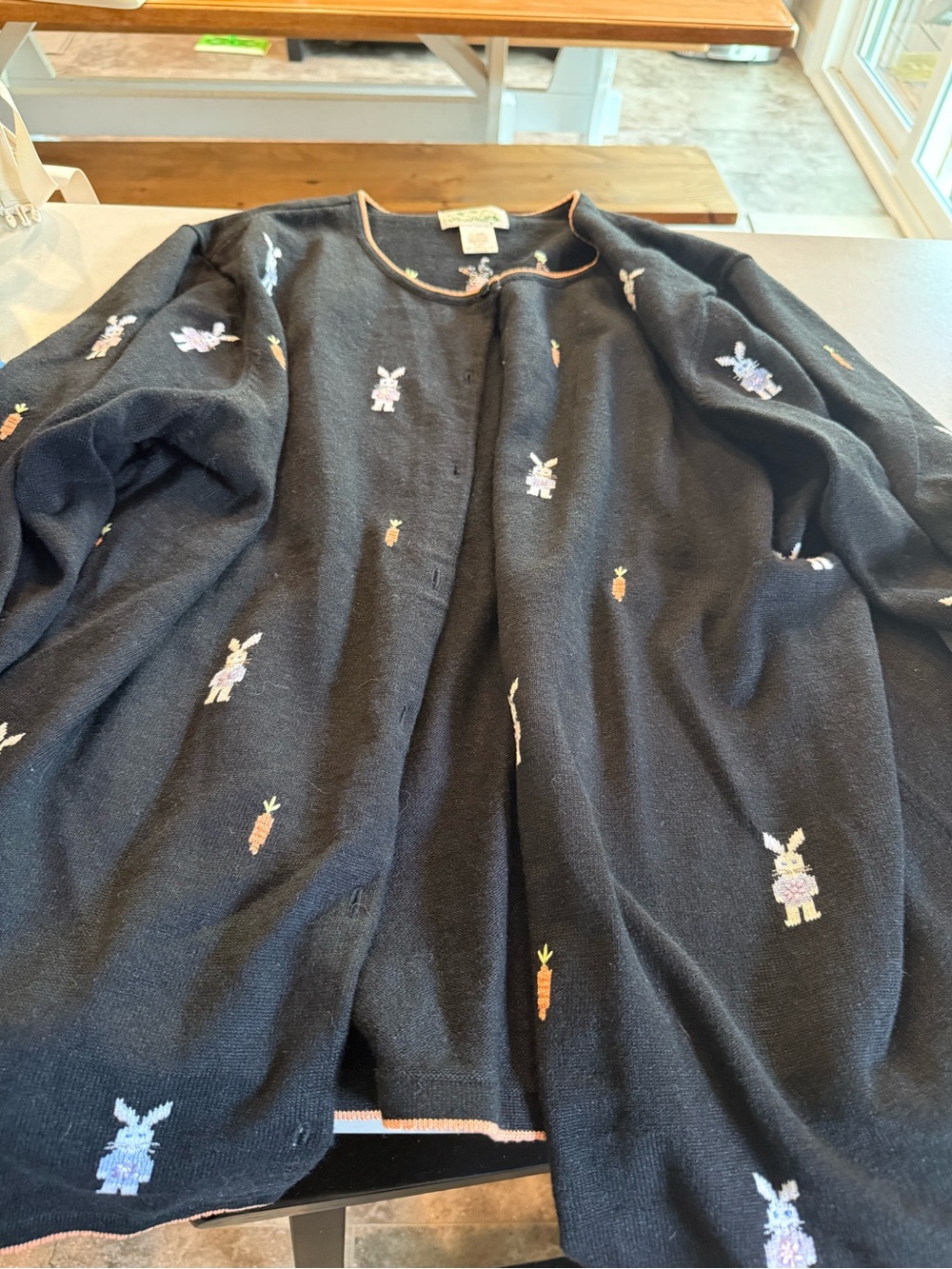 Quacker Factory Black Cardigan with Bunny & Carrot Embroidery
